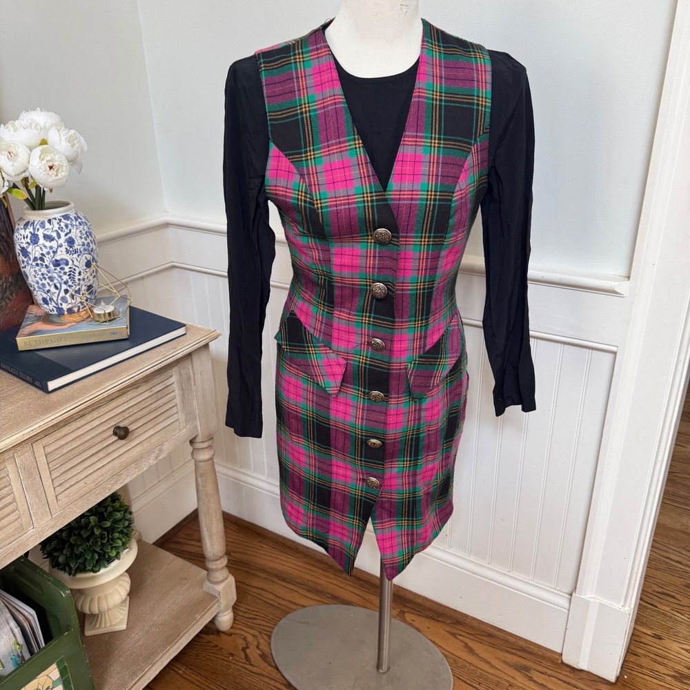 Brioche California Vintage 90s Plaid Jumper Dress and Blouse‎ Set Pink Green 3/4